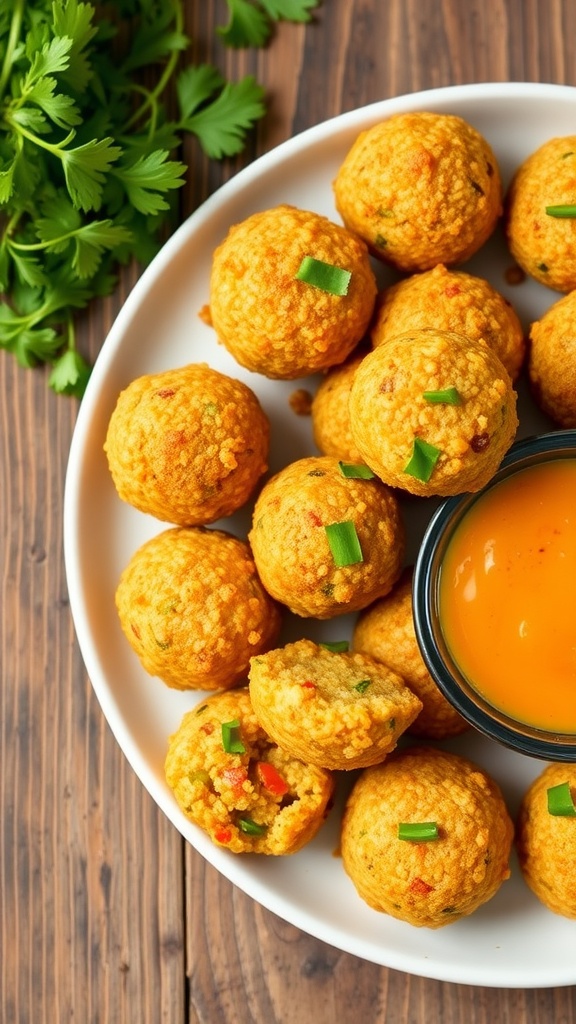 Golden quinoa bites served with herbs and dipping sauce on a rustic table.